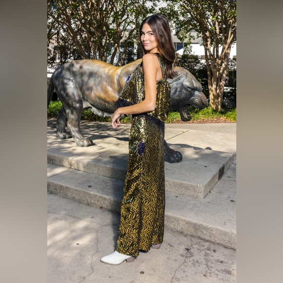 Queen of Sparkles GOLD & BLACK SEQUIN TIGER FEATHER TANK - Picture 3 of 4